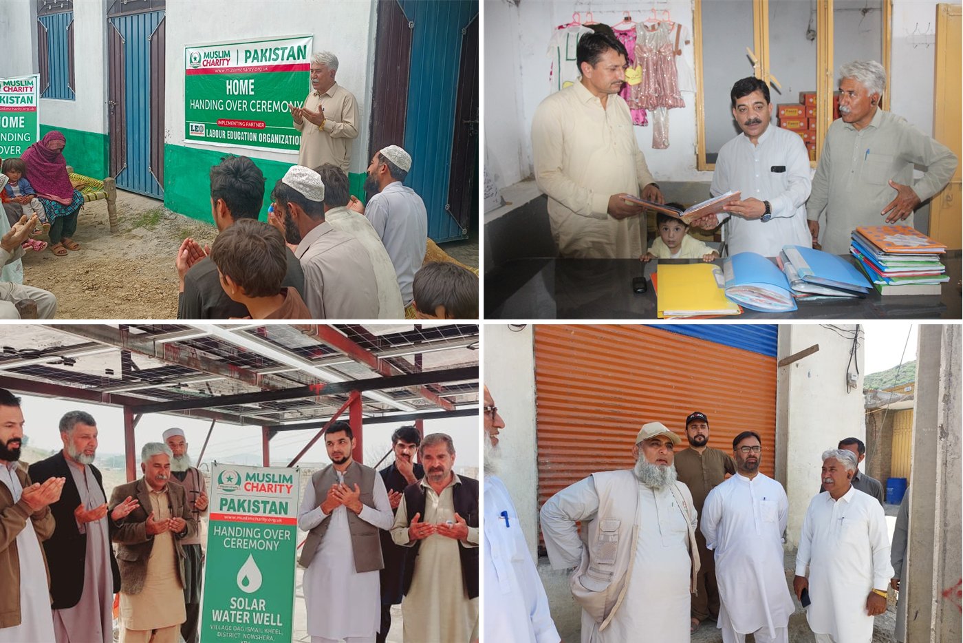 Four LEO activities: a home handing-over ceremony in Mardan, the District Social Welfare Officer reviewing records at the skills centre, the solar water well handover at Dag Ismail Khel, and a water programme site visit